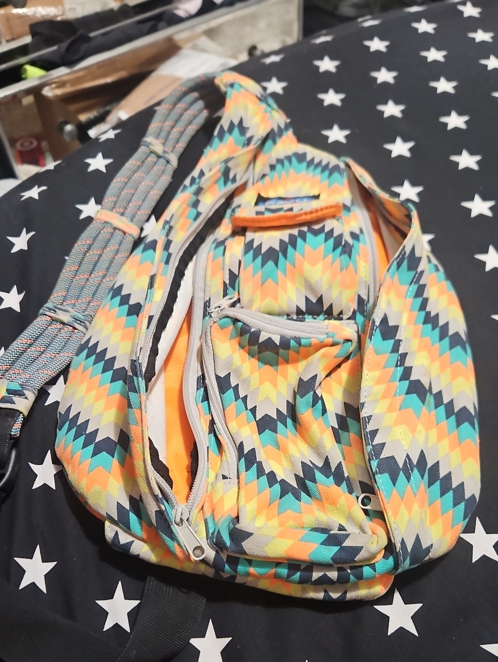 Kavu Multicolor Chevron Crossbody Sling - Orange, Teal, Yellow, Black, Cream